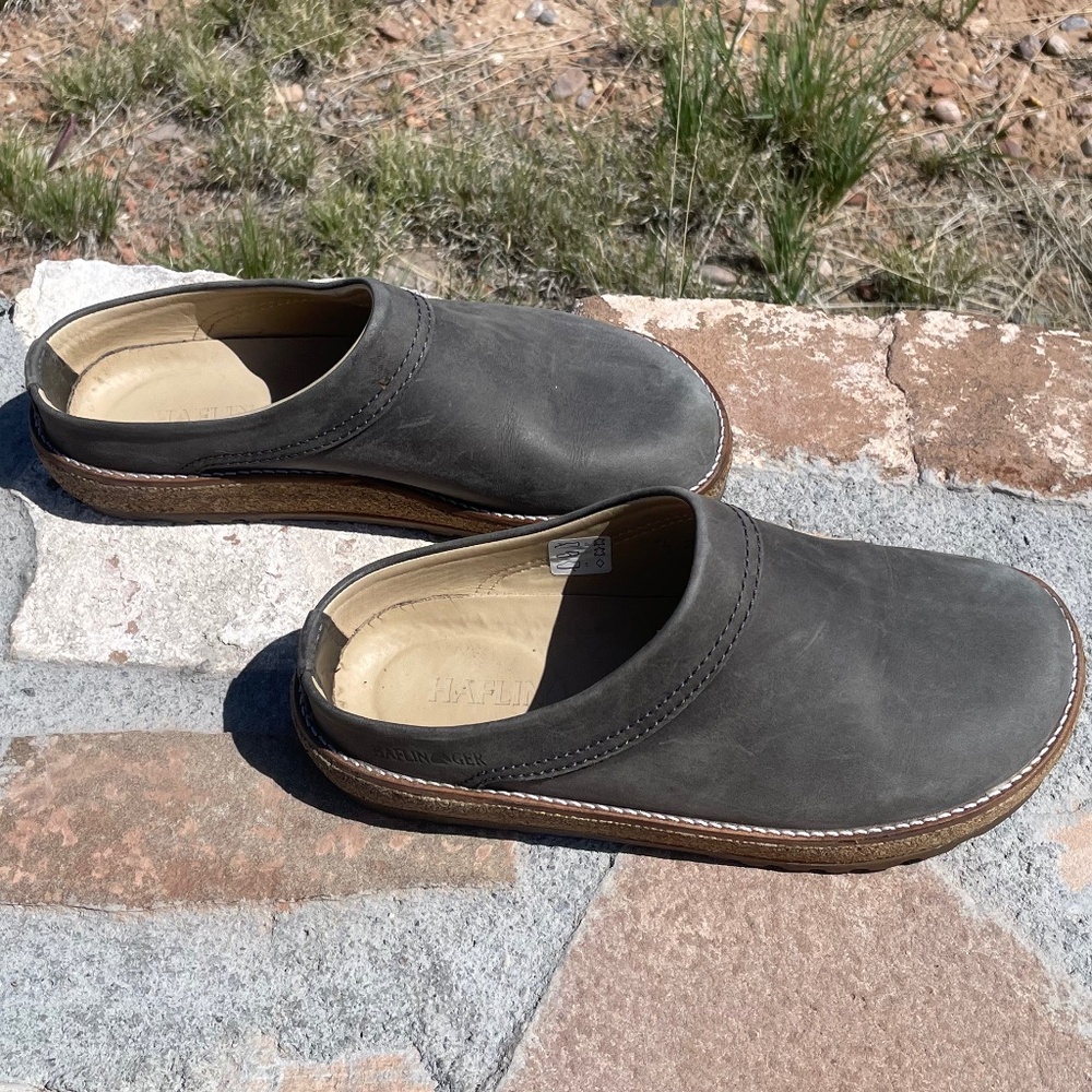 Haflinger Gray Leather Cork bottom Slip On Mules Women’s Size 7 37 Like New